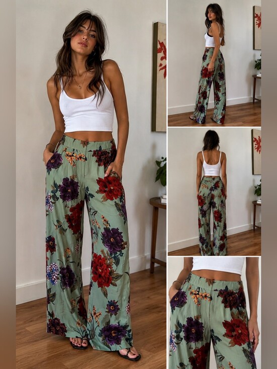 H&M Pants - H&M Sage Green Wide-Leg Floral Pants with Red & Purple Blooms